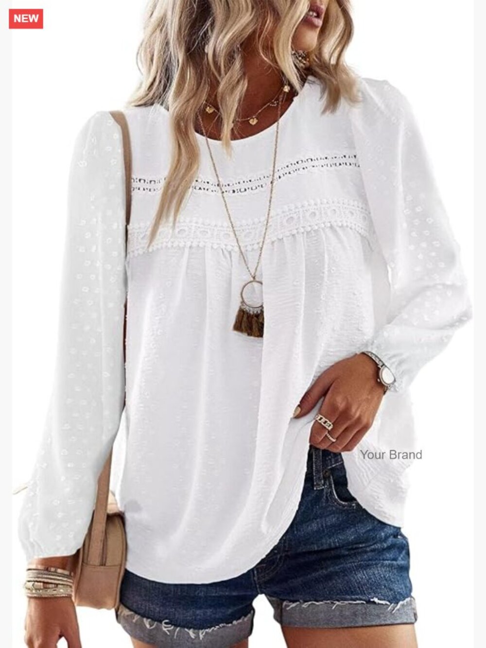 Long Sleeve Crewneck Flowy Tunic Blouse Lace Hem Boho Top